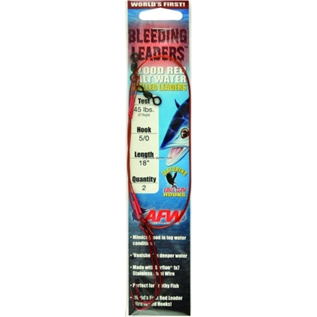 Picture of Afw Bleeding Leaders With 5/0 Eagle Claw Snelled Hooks, 45 LB (20 Kg) Test, .028 IN (0.71 Mm) Dia, Red, 18 IN 2 PC