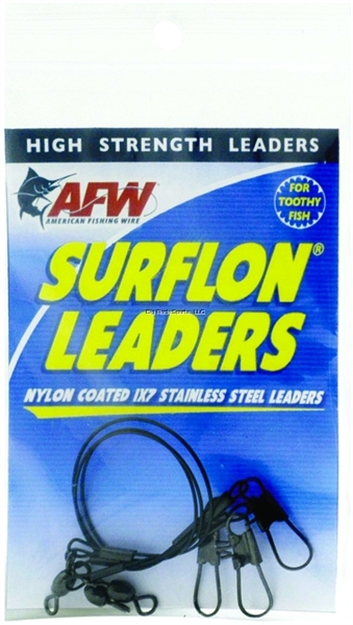Picture of Afw Surflon Leaders, Nylon Coated 1X7 Stainless, Sleeve, Swivel, Locksnap, 20 LB (9 Kg) Test, Black, 9 IN (22.9 Cm) 3 PC