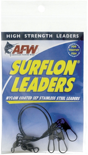 Picture of Afw Surflon Leaders, Nylon Coated 1X7 Stainless, Sleeve, Swivel, Locksnap, 30 LB (14 Kg) Test, Black, 6 IN (15.2 Cm) 3 PC
