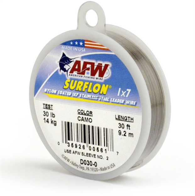 Picture of Afw Surflon, Nylon Coated 1X7 Stainless Leader Wire, 40 LB (18.1 Kg) Test, .028 IN (0.71 Mm) Dia, Camo, 30 FT