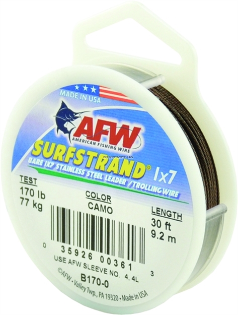 Picture of Afw Surfstrand, Bare 1X7 Stainless Steel Leader Wire, 170 LB (77 Kg) Test, .033 IN (0.84 Mm) Dia, Camo, 30 FT (9.2 M)