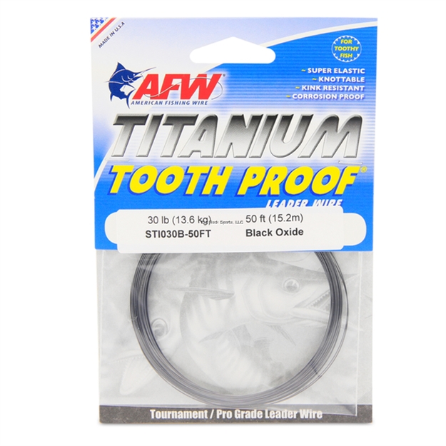 Picture of Afw Titanium Tooth Proof, Single Strand Leader Wire, 30Lb (13.6 Kg) Test, .015" (0.38 Mm) Dia, Blk Oxide, 50' (15.2 M)