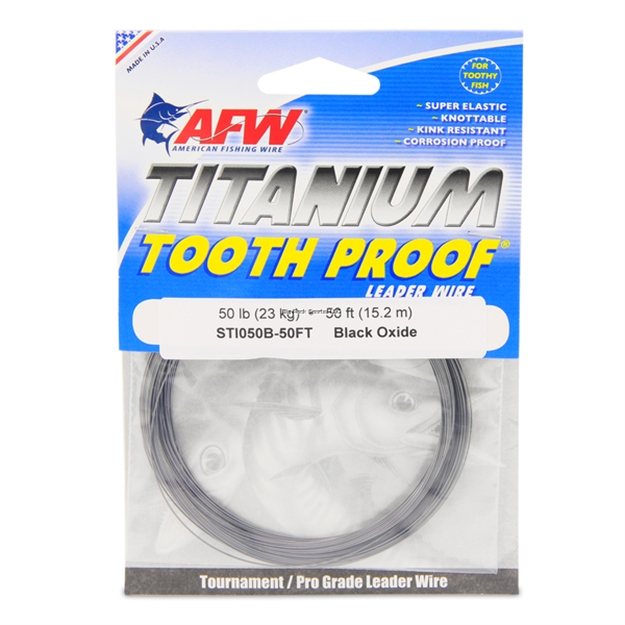 Picture of Afw Titanium Tooth Proof, Single Strand Leader Wire, 50 LB (23 Kg) Test, .019 IN (0.48 Mm) Dia, Black Oxide, 50 FT (15.2 M)