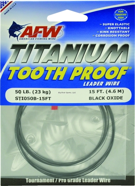 Picture of Afw Titanium Tooth Proof, Single Strand Leader Wire, 50 LB (23 Kg) Test, .019 IN (0.48 Mm) Diam, Black Oxide, 15 FT (4.6 M)