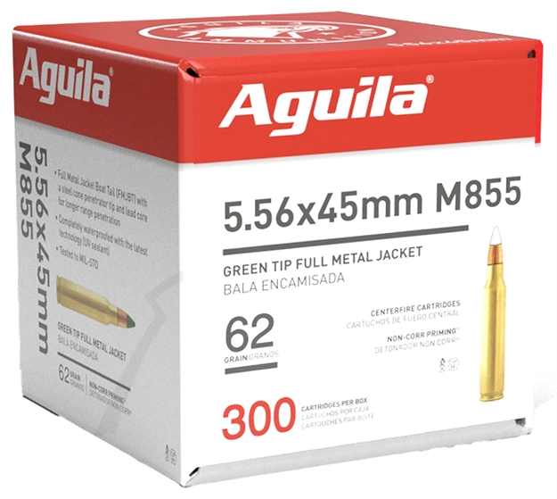 Picture of  Aguila 1E556125 Green Tip M855 5.56X45mm Nato 62Gr Full Metal Jacket Boat Tail 300 Per Box/4 Case 640420012735