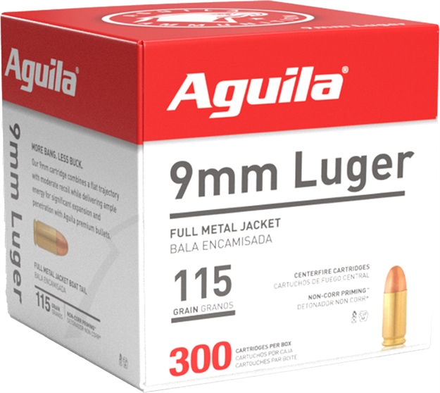 Picture of Aguila Centerfire Pistol Ammo 9Mm, Fmj, 115 Gr, 1150 Fps, 300 Rnd Bulk Pack 1E097700