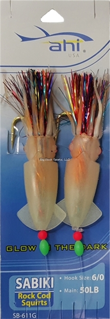 Picture of Ahi 2 Hook "Rockcod Squirts" Rig - SZ 6/0 Hook, 50 LB Mainline - Glow