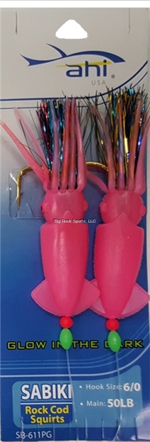 Picture of Ahi 2 Hook "Rockcod Squirts" Rig - SZ 6/0 Hook, 50 LB Mainline - Pink Glow