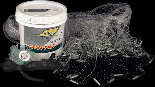Picture of Ahi 500 Pro Series 6 Panel Cast Net 10' Clear Mono 1" Mesh, 1 3/4# Per FT Lead Weights, (Pail Container)
