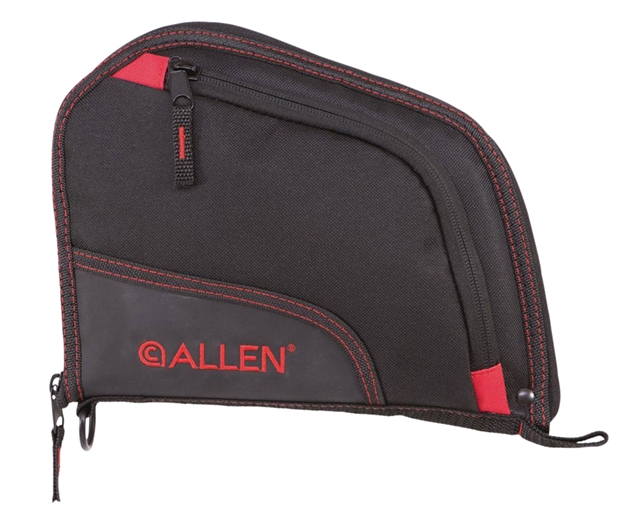 Picture of  Allen 7738 Auto-Fit  Handgun Case Black Endura W/Red Trim, Foam Padding, Knit Lining, Mag Sleeve, Storage Pocket & Lockable Zipper 9" L 026509025986
