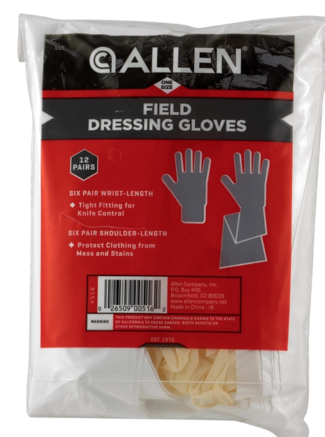 Picture of  Allen 516 Field Dressing Gloves  Clear Shoulder/Wrist Latex Osfa 6 Pair OF Each 026509005162