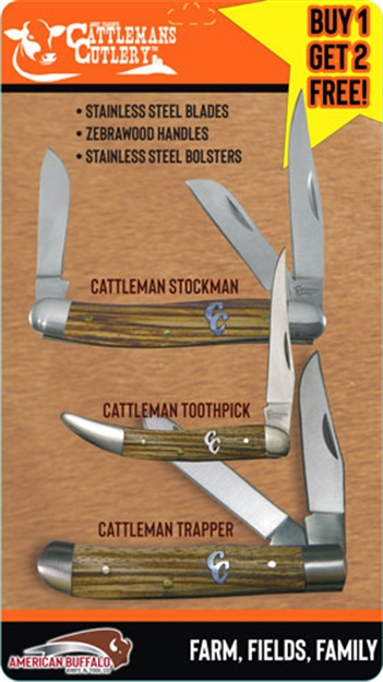 Picture of American Buffalo Knife & Tool Cattlemans Cutlery 3-Pack Combo Zebrawood Hndl Promo