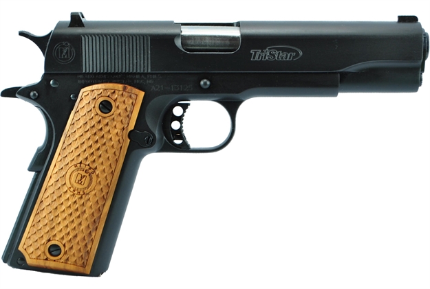 Picture of  Tristar 85604 American Classic Government 1911 9Mm Luger 10+1 5" Stainless Steel Barrel, Blued Serrated Steel Slide, Blued Steel Frame W/Beavertail, Wood Grip