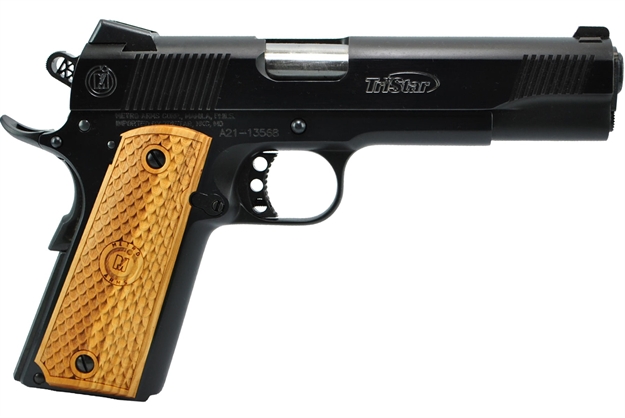 Picture of  Tristar 85617 American Classic II 1911 10Mm Auto 8+1, 5" Stainless Steel Barrel, Blued Serrated Steel Slide, Blued Steel Frame W/Beavertail, Wood Grip 713780856179