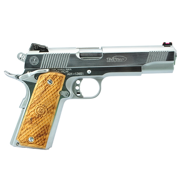 Picture of  Tristar 85635 American Classic Trophy 1911 45 Acp 8+1, 5" Stainless Steel Barrel, Chrome Serrated Steel Slide, Chrome Steel Frame W/Beavertail, Wood Grip