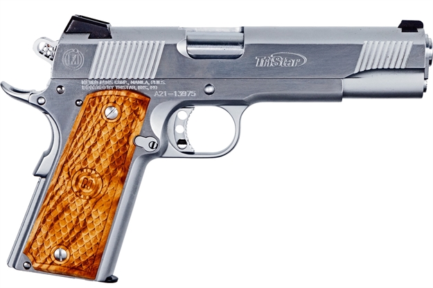 Picture of  Tristar 85618 American Classic II 1911 10Mm Auto 8+1, 5" Stainless Steel Barrel, Chrome Serrated Steel Slide, Chrome Steel Frame W/Beavertail, Wood Grip