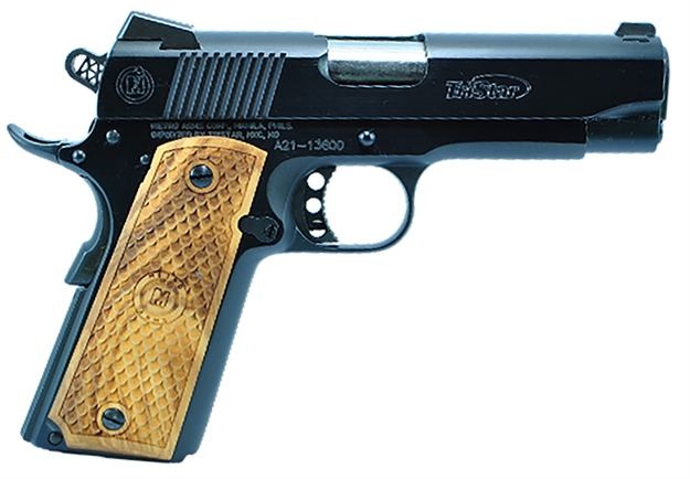 Picture of  Tristar 85624 American Classic Commander 1911 9Mm Luger 9+1 4.25" Stainless Steel Barrel, Blued Steel Serrated Slide, Blued Steel Frame W/Beavertail, Wood Grip, Right Hand 713780856247