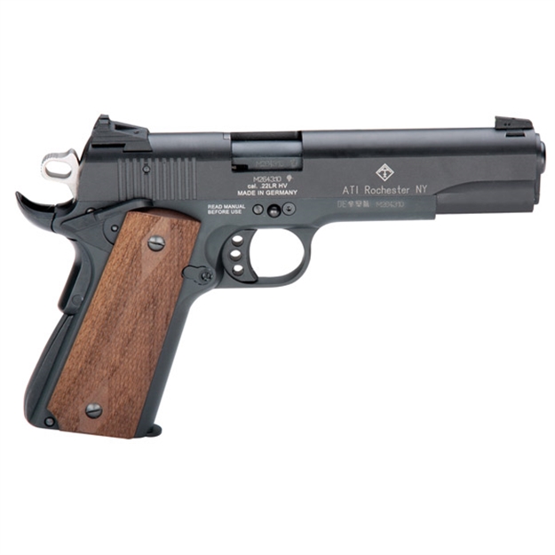 Picture of Gsg Gsg2210m1911ca 1911 *Ca Compliant 22 LR 10+1 5" All Black Anodized Steel Barrel, Serrated Slide, Zinc Alloy W/Beavertail Frame, Double Diamond Walnut Grip GERG2210M1911CA