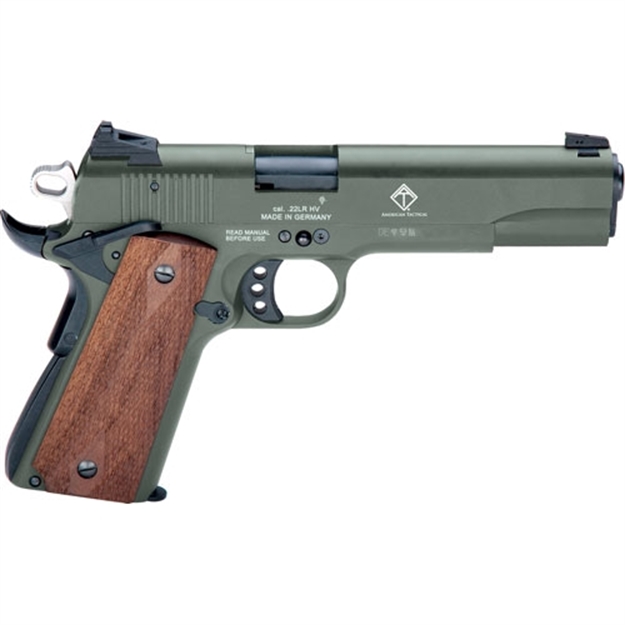 Picture of Gsg Gsg2210m1911g 1911  22 LR 10+1 5" Threaded Barrel, OD Green Serrated Slide, OD Green Zinc Alloy W/Beavertail Frame, Double Diamond Walnut Grip GERG2210M1911G 813393018435