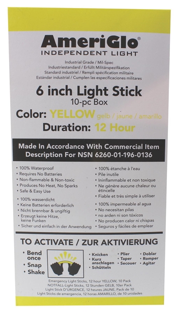 Picture of Ameriglo 612Hy100f 6" 12 Hour Yellow Light Stick 100/Pack