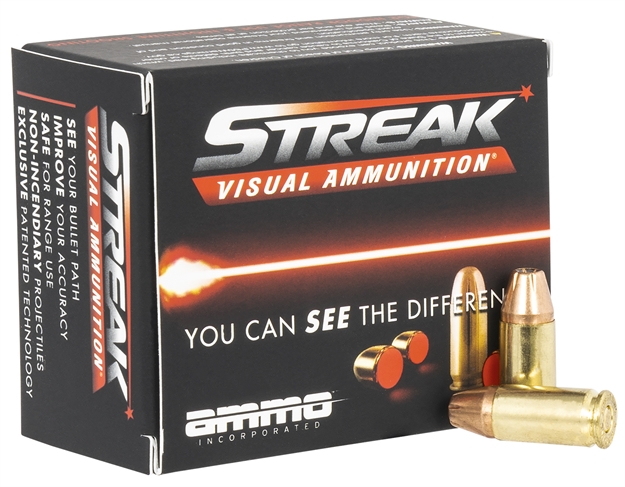 Picture of  Ammo Inc 9124Jhpstrkred Streak Visual (Red)  9Mm Luger 124Gr Jacket Hollow Point 20 Per Box/10 Case 818778022120