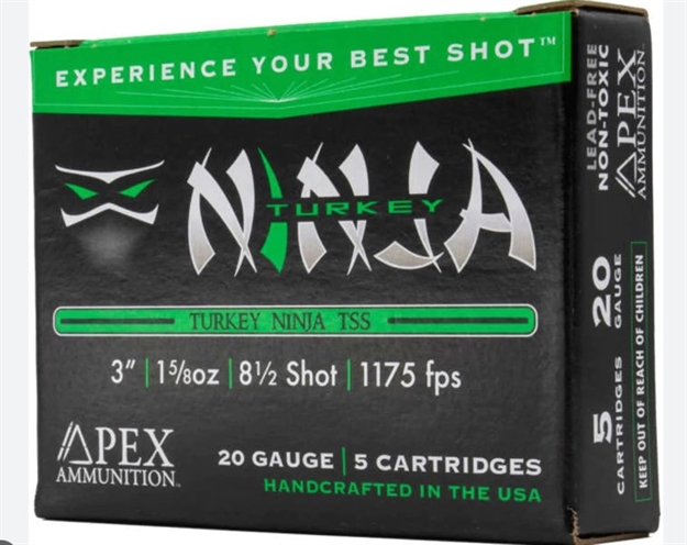 Picture of Apex Turkey Ninja TSS Ammunition 20 Gauge 3" 1-5/8 OZ #8-1/2 Non-Toxic Tungsten Super Shot Box OF 5 Ninja20 850010408217