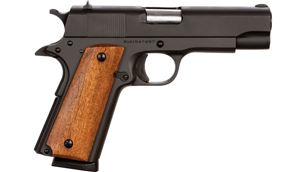 Picture of  Rock Island 51417 GI Standard MS *Ca Compliant 45 Acp Caliber With 4.20" Barrel, 8+1 Capacity, Overall Black Parkerized Finish Steel, Beavertail Frame, Serrated Slide & Wood Grip