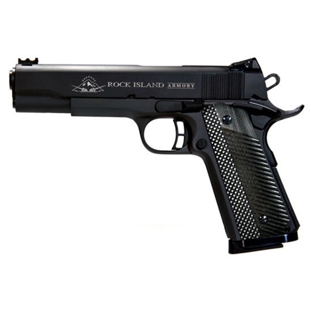 Picture of  Rock Island 51623 Rock Ultra FS 9Mm Luger Caliber With 5" Barrel, 10+1 Capacity, Overall Black Parkerized Finish Steel, Beavertail Frame, Serrated Slide & Black/Gray G10 Grip
