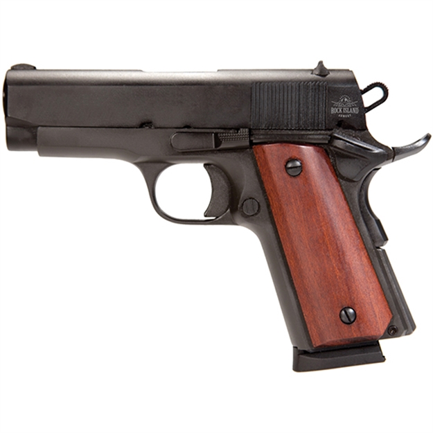 Picture of  Rock Island 51416 GI Standard CS *Ca Compliant 45 Acp 7+1 3.50" Stainless Bull Barrel, Black Parkerized Serrated Steel Slide, Black Parkerized Steel Frame W/Beavertail, Wood Grip, Right Hand 806015514169