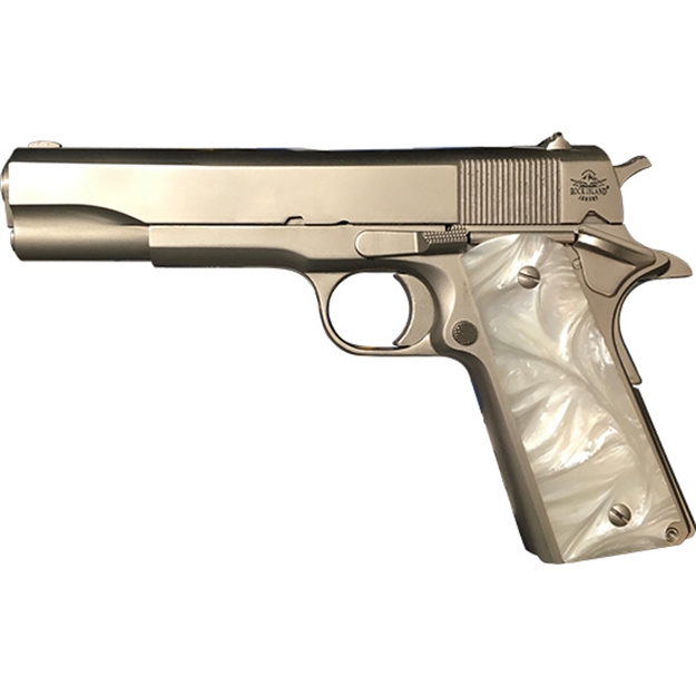 Picture of  Rock Island 56418 GI Standard FS *Ca Compliant 45 Acp Caliber With 5" Barrel, 8+1 Capacity, Overall Matte Nickel Finish Steel, Beavertail Frame, Serrated Slide & Mother OF Pearl Grip 4806015564188