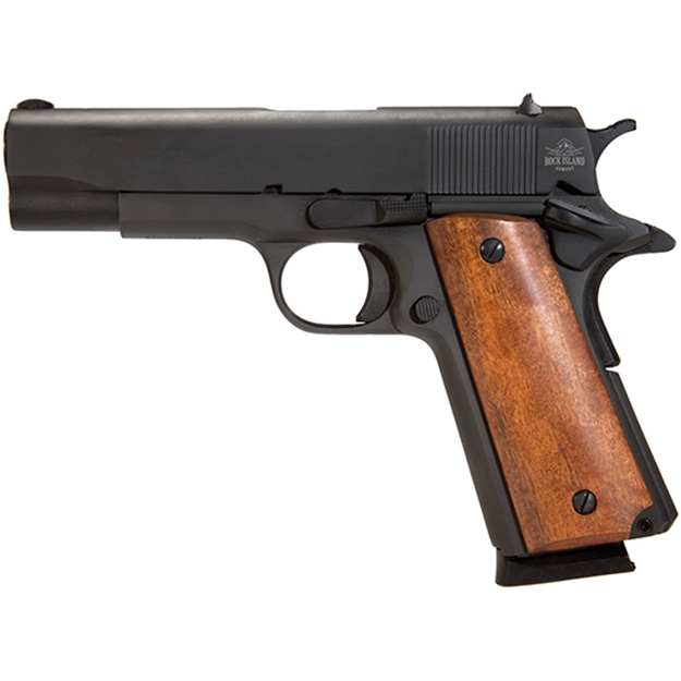 Picture of  Rock Island 51417 GI Standard MS *Ca Compliant 45 Acp Caliber With 4.20" Barrel, 8+1 Capacity, Overall Black Parkerized Finish Steel, Beavertail Frame, Serrated Slide & Wood Grip 4806015514176