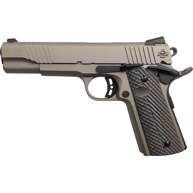 Picture of  Rock Island 56419 Rock Standard FS *Ca Compliant 45 Acp Caliber With 5" Barrel, 8+1 Capacity, Overall Gun Metal Gray Cerakote Finish Steel, Beavertail Frame, Serrated Slide & Black G10 Grip