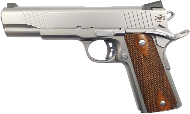 Picture of  Rock Island 51414 Rock Standard FS *Ca Compliant 45 Acp Caliber With 5" Barrel, 8+1 Capacity, Overall Matte Stainless Steel Finish, Beavertail Frame, Serrated Slide & Double Checkered Wood Grip