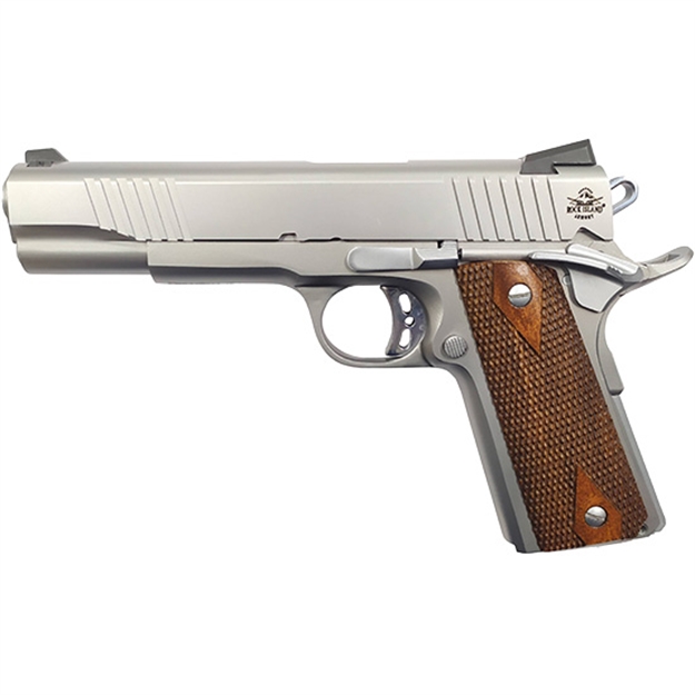 Picture of  Rock Island 51414 Rock Standard FS *Ca Compliant 45 Acp Caliber With 5" Barrel, 8+1 Capacity, Overall Matte Stainless Steel Finish, Beavertail Frame, Serrated Slide & Double Checkered Wood Grip 4806015514145