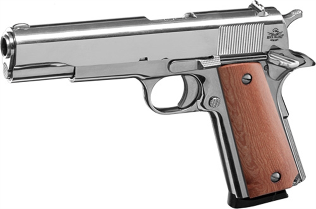 Picture of  Rock Island 51433 GI Standard FS 45 Acp Caliber With 5" Barrel, 8+1 Capacity, Overall Polished Nickel Finish Steel, Beavertail Frame, Serrated Slide & Wood Grip 806015514336