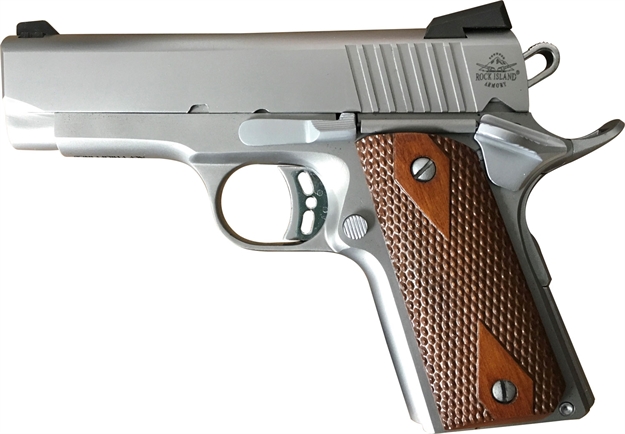 Picture of  Rock Island 51868 Rock Standard CS *Ca Compliant 45 Acp 3.63" 7+1 Matte Stainless Steel Frame & Slide Double Diamond Checkered Wood Grip