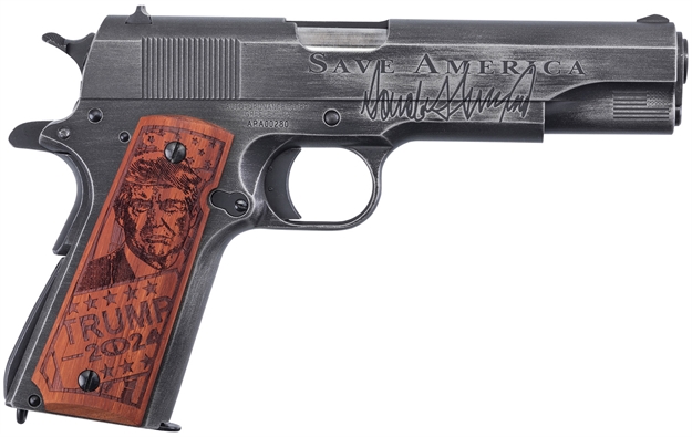 Picture of  Auto-Ordnance 1911Bkoc12 1911 Trump Save America 45 Acp  5" Barrel 7+1, Distressed Armor Black Cerakote, Carbon Steel Beavertail Frame, Serrated Engraved Slide, Custom Engraved Goncalo Wood Grip
