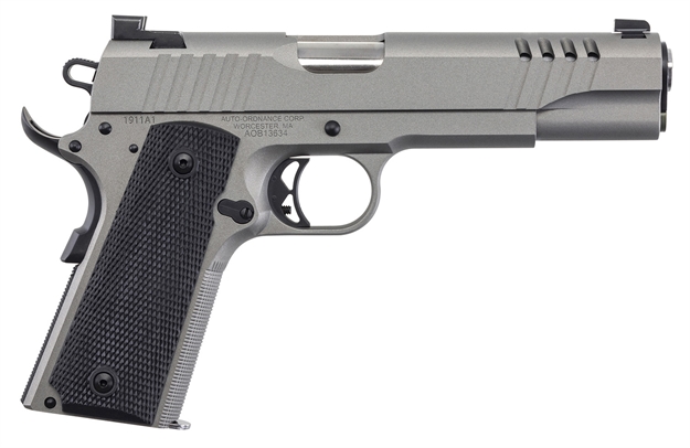 Picture of Auto-Ordnance 1911Tcac6n 1911 A1  45 Acp 7+1 5" Savage Silver Cerakoate, Serrated/Ported Slide,  Black Rubber Grips, Truglo Night Sights 1911TCA6N