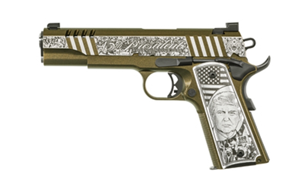 Picture of Auto-Ordnance 1911Tcac12n 1911 Trump "Rally Cry" 45 Acp  5" Barrel 7+1, Black Cerakote Stainless Steel Frame, Serrated Engraved Slide, Engraved Aluminum Grip, Night Sights, Manual Safety 1911TCA12N 602686422543