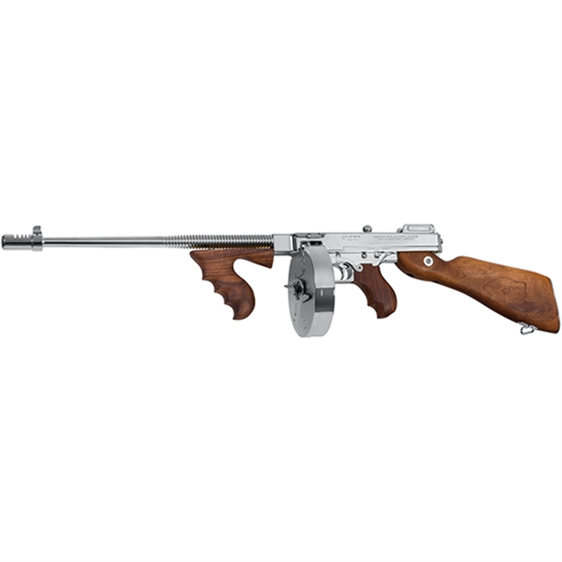 Picture of Thompson Ti50dcr 1927A-1 Deluxe Carbine 45 Acp Caliber With 18" Barrel, 20+1 Capacity (Stick), 50+1 Capacity (Drum), Hard-Chrome Plated Metal Finish, American Walnut Stock Wood Grip Right Hand T150DCR