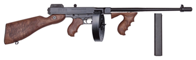 Picture of  Thompson T150d 1927A-1 Deluxe 45 Acp Caliber With 16.50" Barrel, 20+1 Capacity (Stick), 50+1 Capacity (Drum), Blued Metal Finish, American Walnut Stock Wood Grip Right Hand
