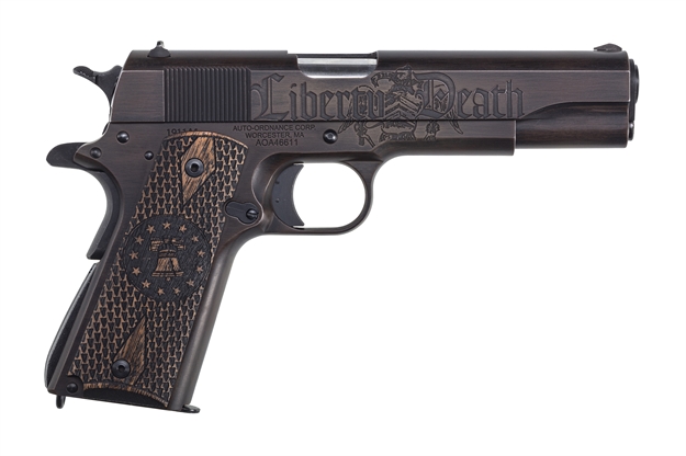 Picture of Auto Ordnance / Thompson 1911 Semi Auto Pistol, 45 Acp, 5" Bbl, Blk/Brn Cerakote, Liberty Edition/ Don't Tread ON Me, Wood Grips, 7 RD 1911BKOC6