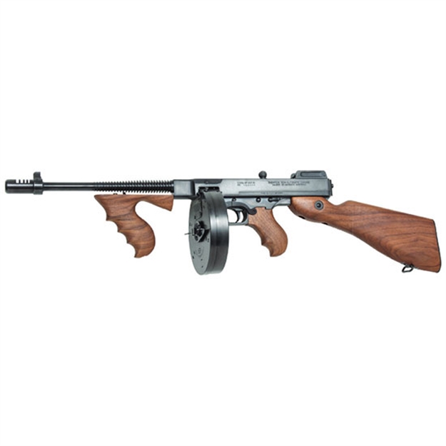 Picture of  Thompson T1100d 1927A-1 Deluxe Carbine 45 Acp Caliber With 18" Barrel, 20+1 Capacity (Stick), 100+1 Capacity (Drum), Blued Metal Finish, American Walnut Stock Wood Grip Right Hand