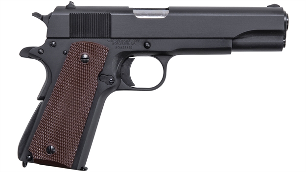 Picture of  Auto-Ordnance 1911Bkoma 1911 A1 GI Spec *Ma Compliant 45 Acp 7+1, 5" Stainless Steel Barrel, Matte Black Serrated Carbon Steel Slide & Frame W/Beavertail, Brown Checkered Polymer Grip 602686253505