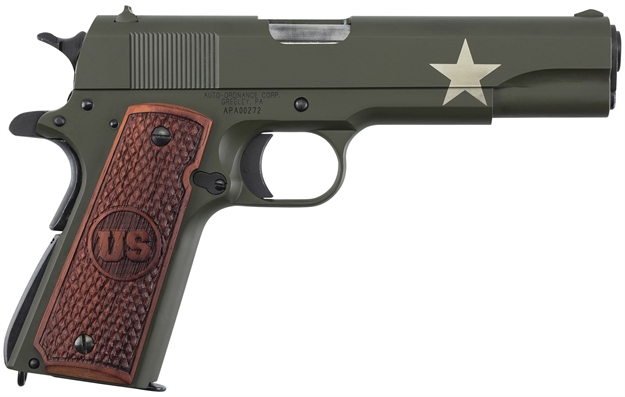 Picture of  Auto-Ordnance 1911Bkoc11 1911 Tanker 45 Acp  5" Barrel 7+1, OD Green Carbon Steel Frame/Slide With Sherman Tank Star, Checkered US Engraved Wood Grip, Manual Safety