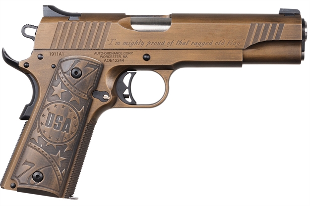 Picture of Auto-Ordnance 1911Tcac11 1911 Old Glory 45 Acp 5" 7+1 Bronze Black Distressed Cerakote Slide Aluminum & Old Glory, I'm Mighty Proud OF That Ragged Old Flag Engraved Grip