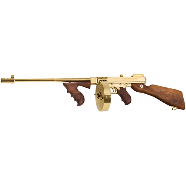 Picture of  Thompson T150dtg 1927A-1 Deluxe 45 Acp Caliber With 16.50" Barrel, 20+1 Capacity (Stick), 50+1 Capacity (Drum), Titanium Gold Metal Finish, American Walnut Stock Wood Grip Right Hand 602686214032
