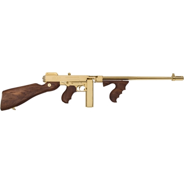 Picture of  Thompson T150dtg 1927A-1 Deluxe 45 Acp Caliber With 16.50" Barrel, 20+1 Capacity (Stick), 50+1 Capacity (Drum), Titanium Gold Metal Finish, American Walnut Stock Wood Grip Right Hand