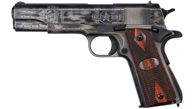 Picture of  Thompson 1911Bkowc1 1911 Victory Girls 45 Acp 5" 7+1 Worn Black/Gray Cerakote Steel Checkered Wood W/Us Logo Grip 602686421881