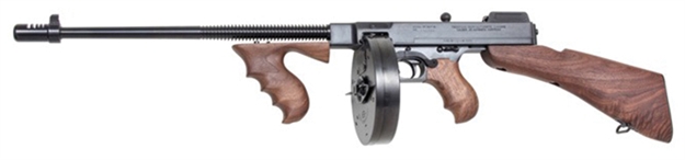 Picture of  Thompson T1b100d 1927A-1 Deluxe Carbine 45 Acp Caliber With 18" Barrel, 20+1 Capacity (Stick), 100+1 Capacity (Drum), Blued Metal Finish, American Walnut Removable Fixed Stock & Wood Grip Right Hand